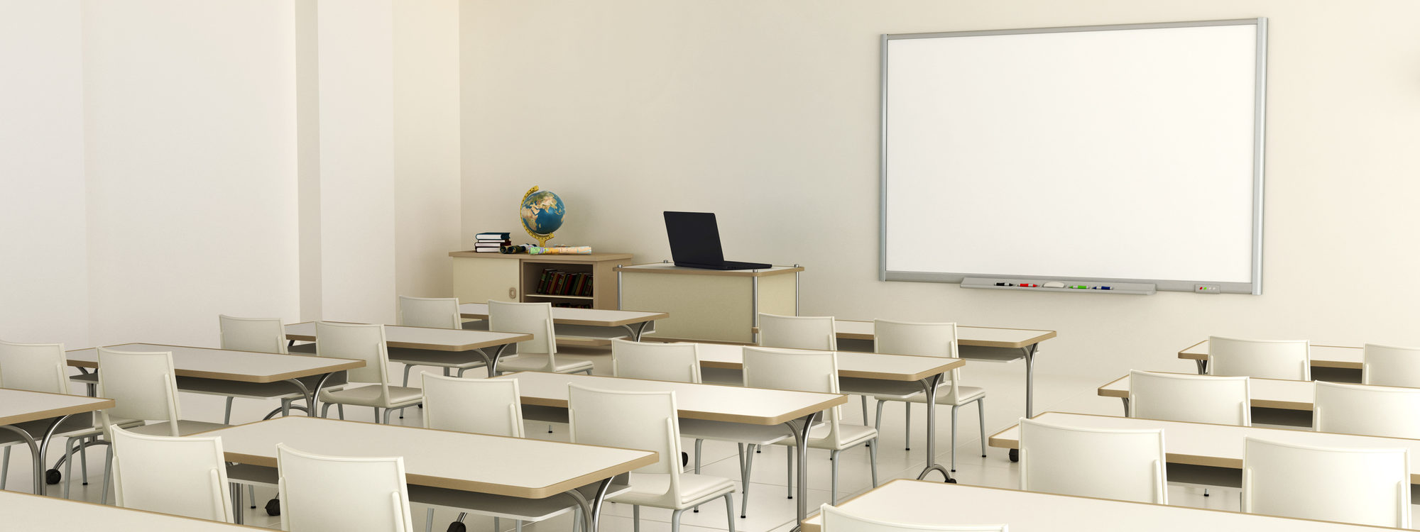 empty classroom with projector and smart board