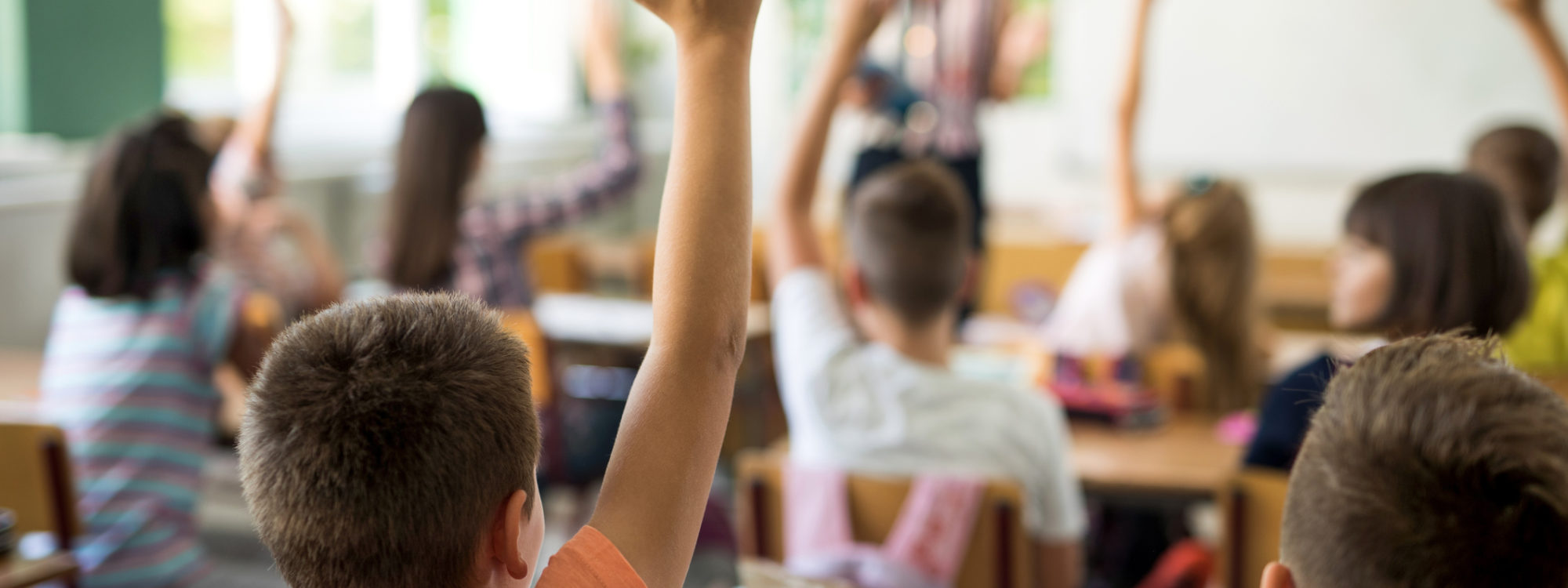 Rear view of little boy and his classmates raising arms to answer teacher's question during the lecture in the classroom.