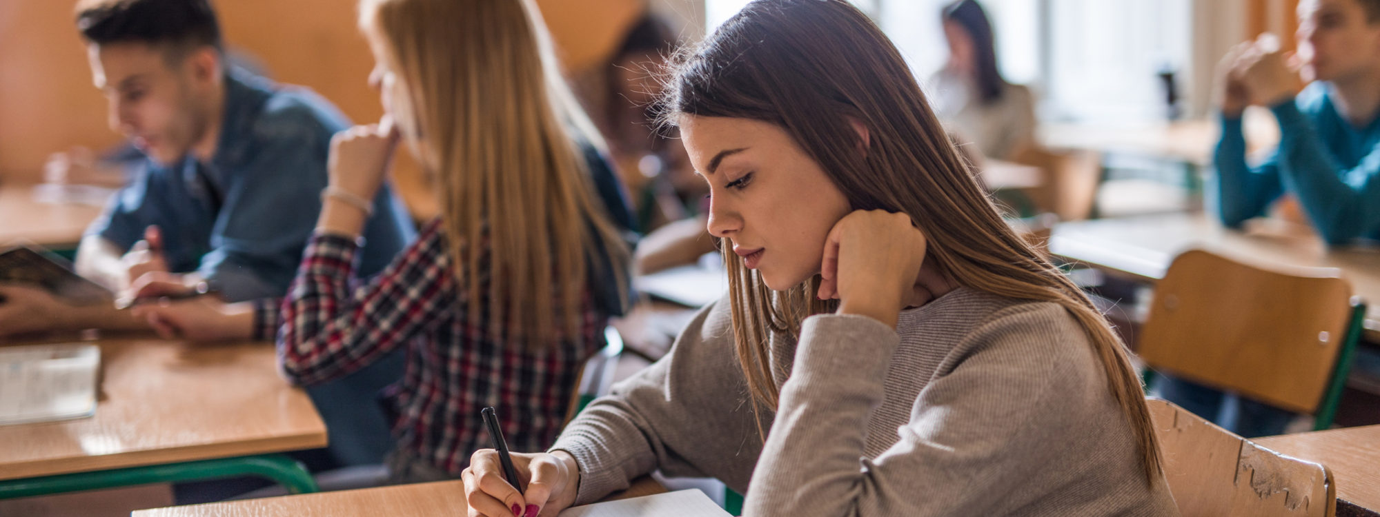 Female student writing into notebook while sitting in the classroom at high school. Her classmates are in the background.