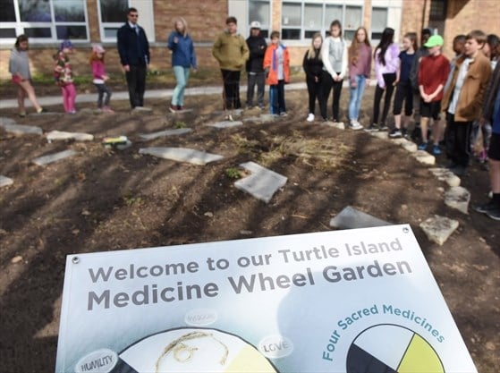 Students standing around Medicine Wheel Garden