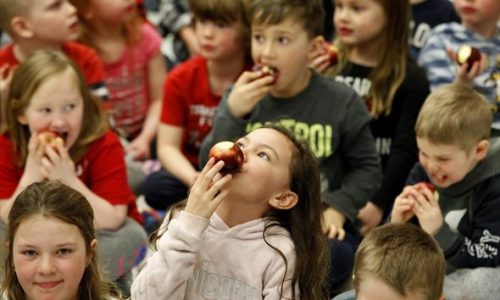 students eating apples