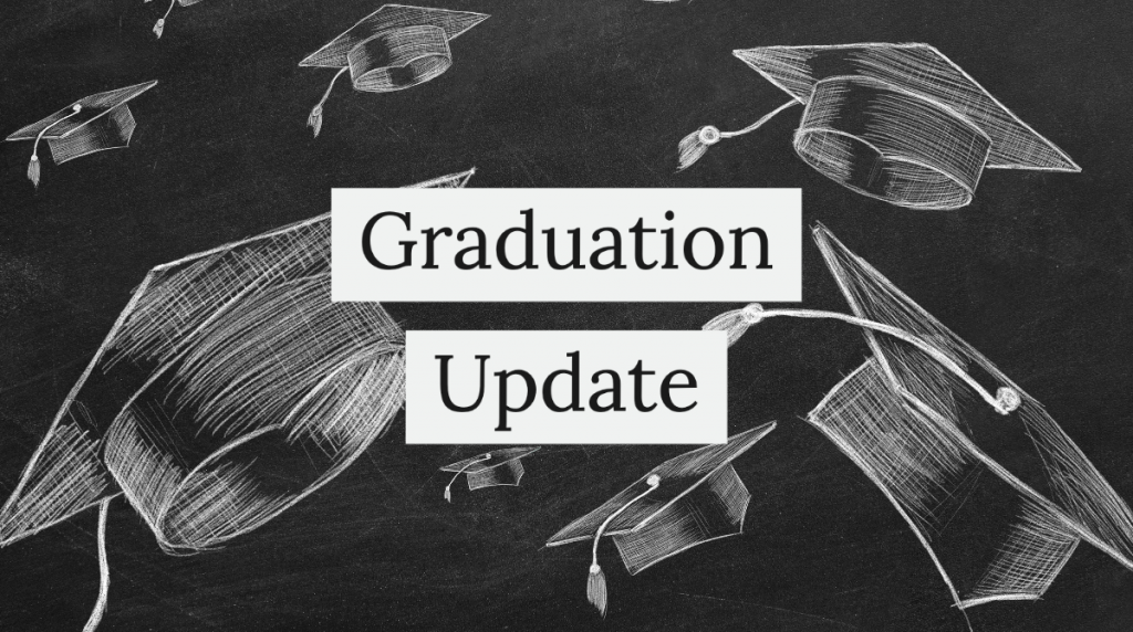 Graduation update Visual with grad hats depicted on chalkboard