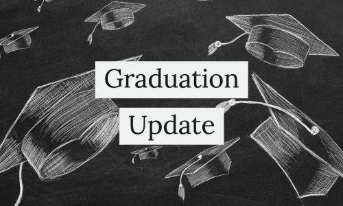Graduation update Visual with grad hats depicted on chalkboard