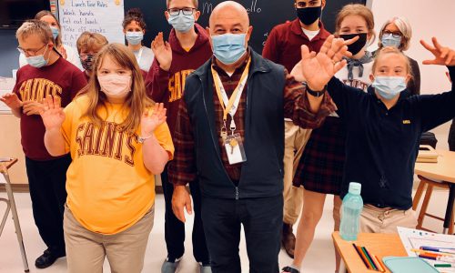 Image of Director of Education Michael Nasello with a classroom during the annual Put Your Director to Work Day challenge.