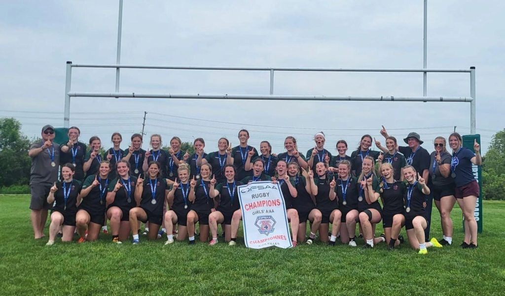 The Holy Cross Hurricanes girls rugby team captured its second OFSAA AA girls rugby gold medal in three years with a 24-15 win over Centre Dufferin in Courtice on Wednesday. Team members include front, from left, Avery Gaebel, Kassidy Buott, Charlie Wade, Iza Sutherland, Jenna Whynot, Logan Jolley, Olivia Gaebel, Shannon Elliott, Macy Harper, Mariella Collins, Olivia Cote-Wawryszn, Lillie Pascoe, Jordyn Scott, Katie Belk, Jaden Whynot. Back, from left, Jake Fowler, Jacey Stone, Chloe McMahon, Bridgette Shannon, Annie Briand, Arrisa Fowler, Morgan Yeomans, Olivia Desautal, Victoria Lyons, Harlowe Gallagher-Ahrens, Lillie Bidgood, Kyrsten White, Myah McCormack, Hannah Patching, Jillian Urie, Grace Conner, Brian Greer, Erin Preston, Lea Davis.