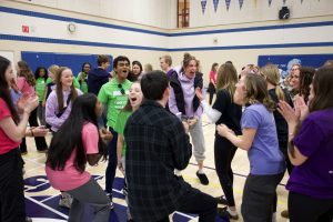 Group of students playing the game Rock, Paper, Scissors
