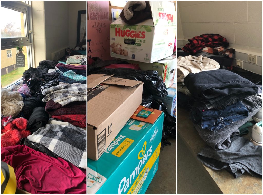 Photos of clothing donated to those experiencing homelessness.
