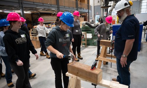 Group of girls in hard hats swinging hammers in a carpentry class.
