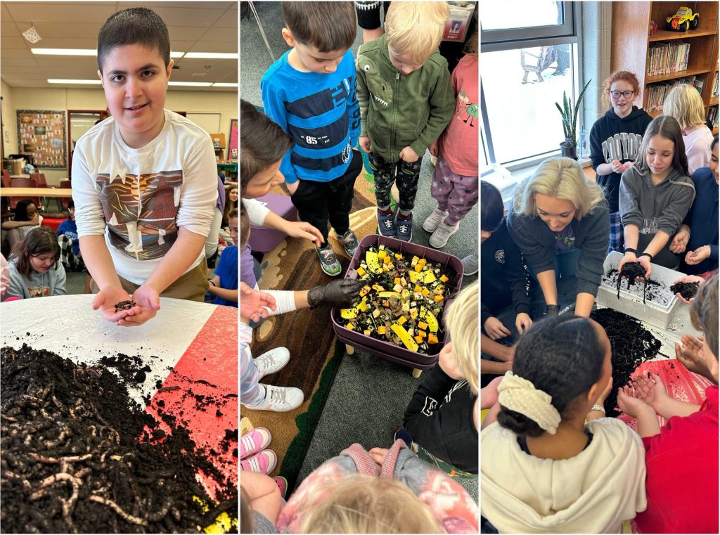 Three photos of children learning about worms and compost.