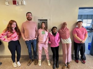 Students and staff wearing pink for Pink Shirt Day