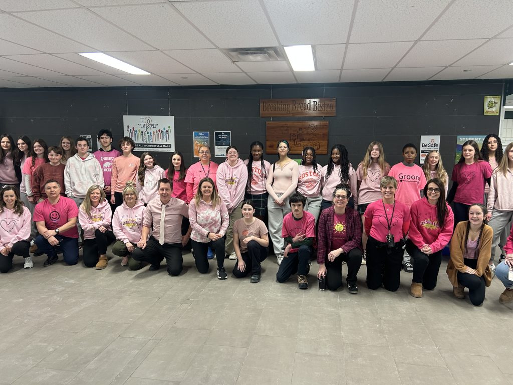 Students and staff wear pink to stand up against bullying.
