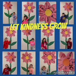Collage of students standing beside artwork flowers for Pink Shirt Day