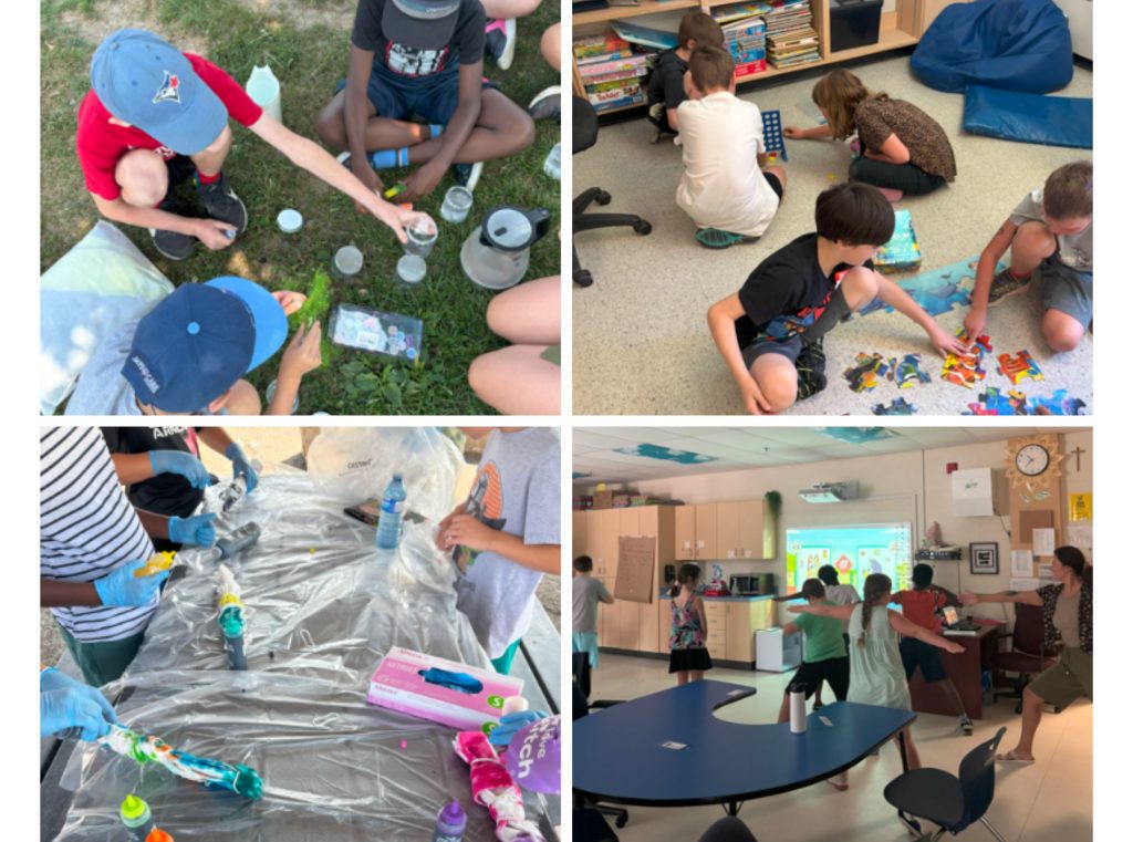 Collage of four photos of various settings of students taking part in a summer camp for children with Autism.