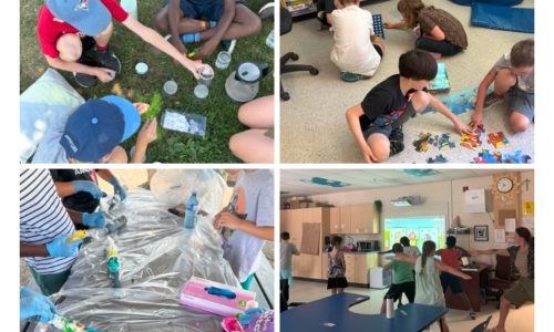 Collage of four photos of various settings of students taking part in a summer camp for children with Autism.
