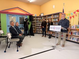 Ontario Education Minister Paul Calandra holds a press conference at a school in Peterborough.