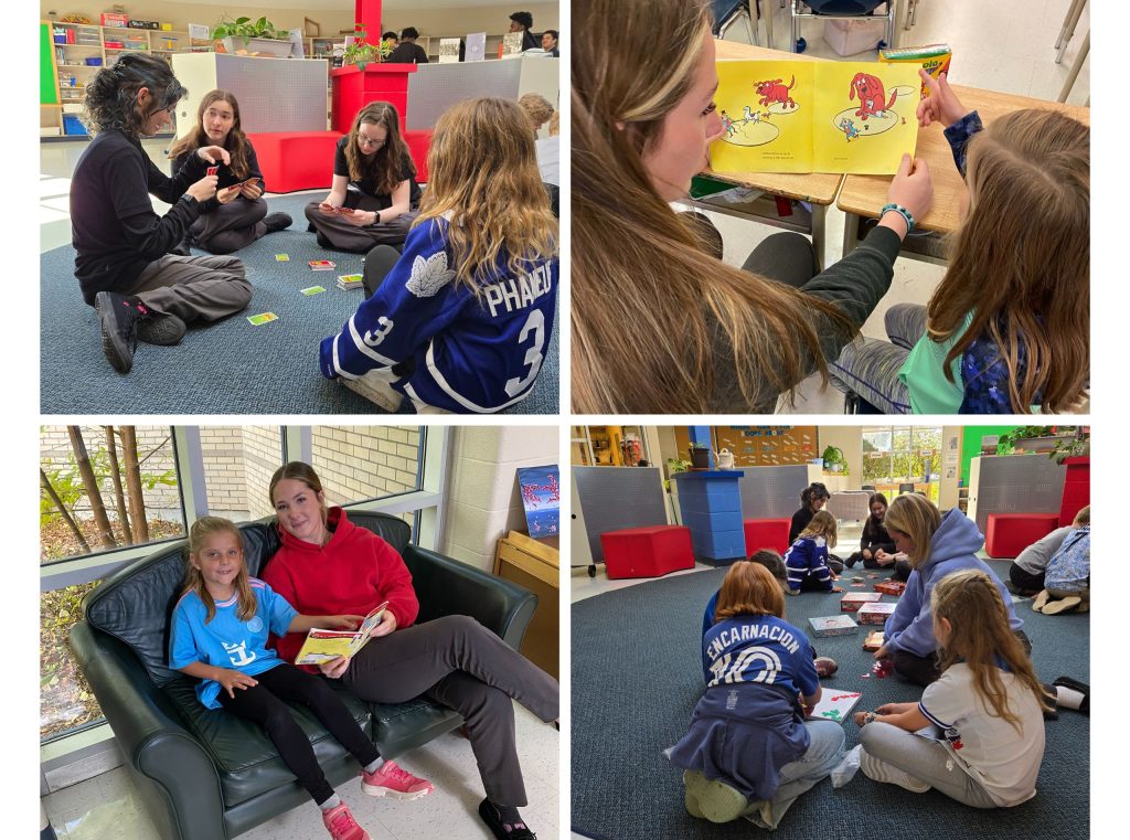 Collage of four photos showing various learning stations within a large team project.