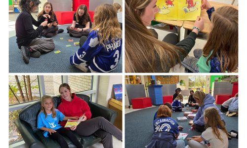 Collage of four photos showing various learning stations within a large team project.