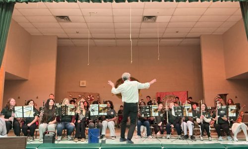 A large group of students on wind instruments plays on a stage at a school concert.