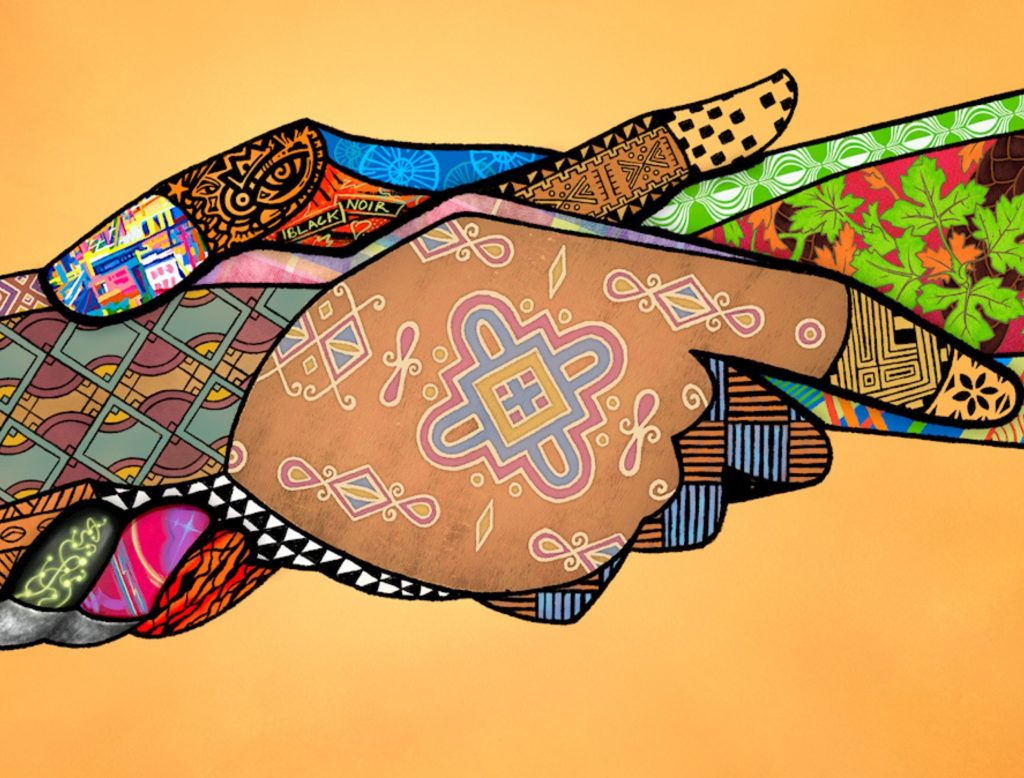 Government of Canada supplied graphic for Black History Month depicting two hands together with various patterns on them.