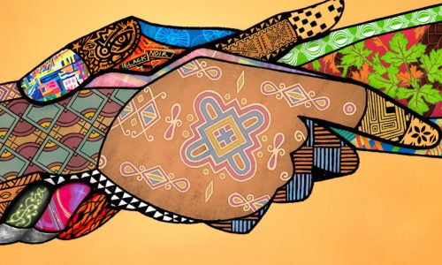Government of Canada supplied graphic for Black History Month depicting two hands together with various patterns on them.